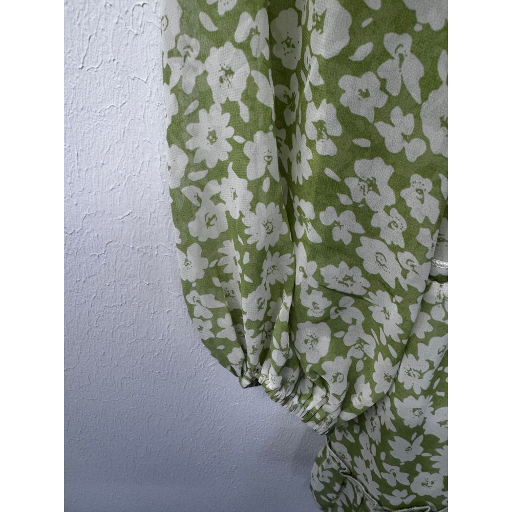 Lulu's Fresh Season Green Floral Smocked Balloon Sleeve Cottage Mini Dress Sz L - Picture 6 of 13